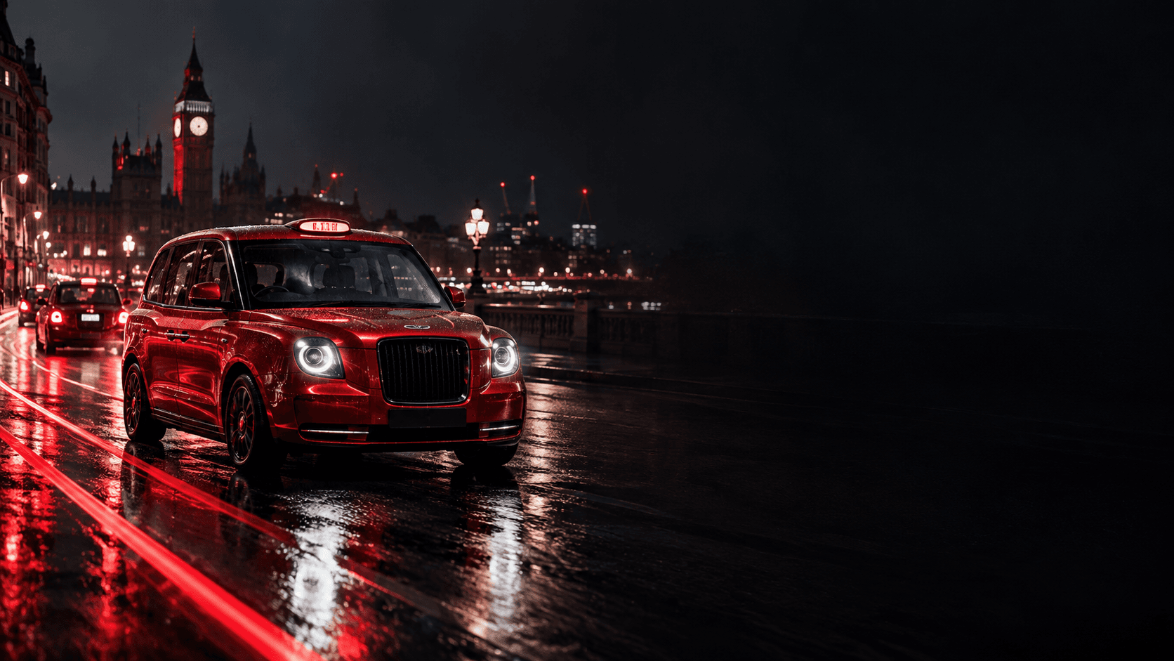 Red taxi cab on a wet city street at night